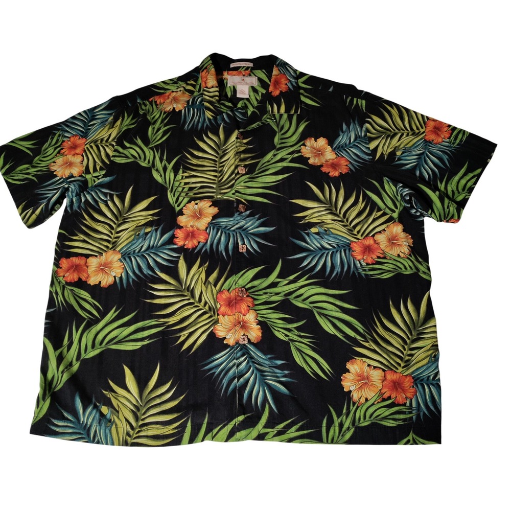 Paradise Collection Mens XL Silk Hawaiian Shirt Black Tropical Floral Hibiscus
